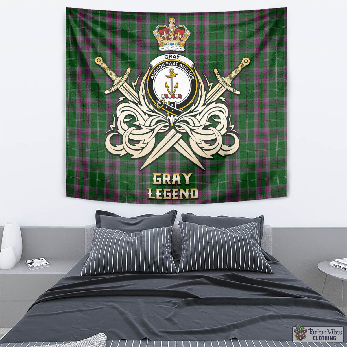 Tartan Vibes Clothing Gray Hunting Tartan Tapestry with Clan Crest and the Golden Sword of Courageous Legacy