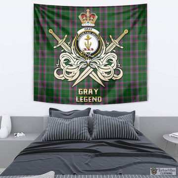 Gray Hunting Tartan Tapestry with Clan Crest and the Golden Sword of Courageous Legacy