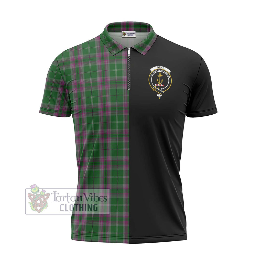 Gray Hunting Tartan Zipper Polo Shirt with Family Crest and Half Of Me Style - Tartanvibesclothing Shop