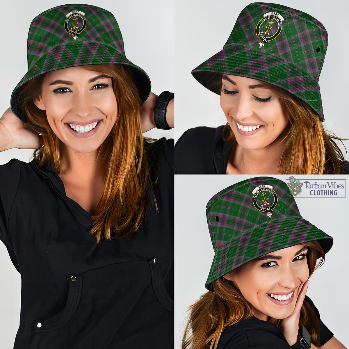 Tartan Vibes Clothing Gray Hunting Tartan Bucket Hat with Family Crest