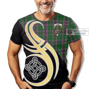 Gray Hunting Tartan T-Shirt with Family Crest and Celtic Symbol Style