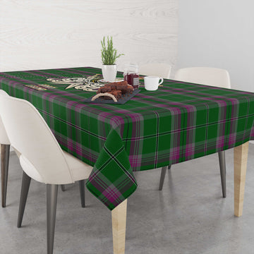 Gray Hunting Tartan Tablecloth with Clan Crest and the Golden Sword of Courageous Legacy