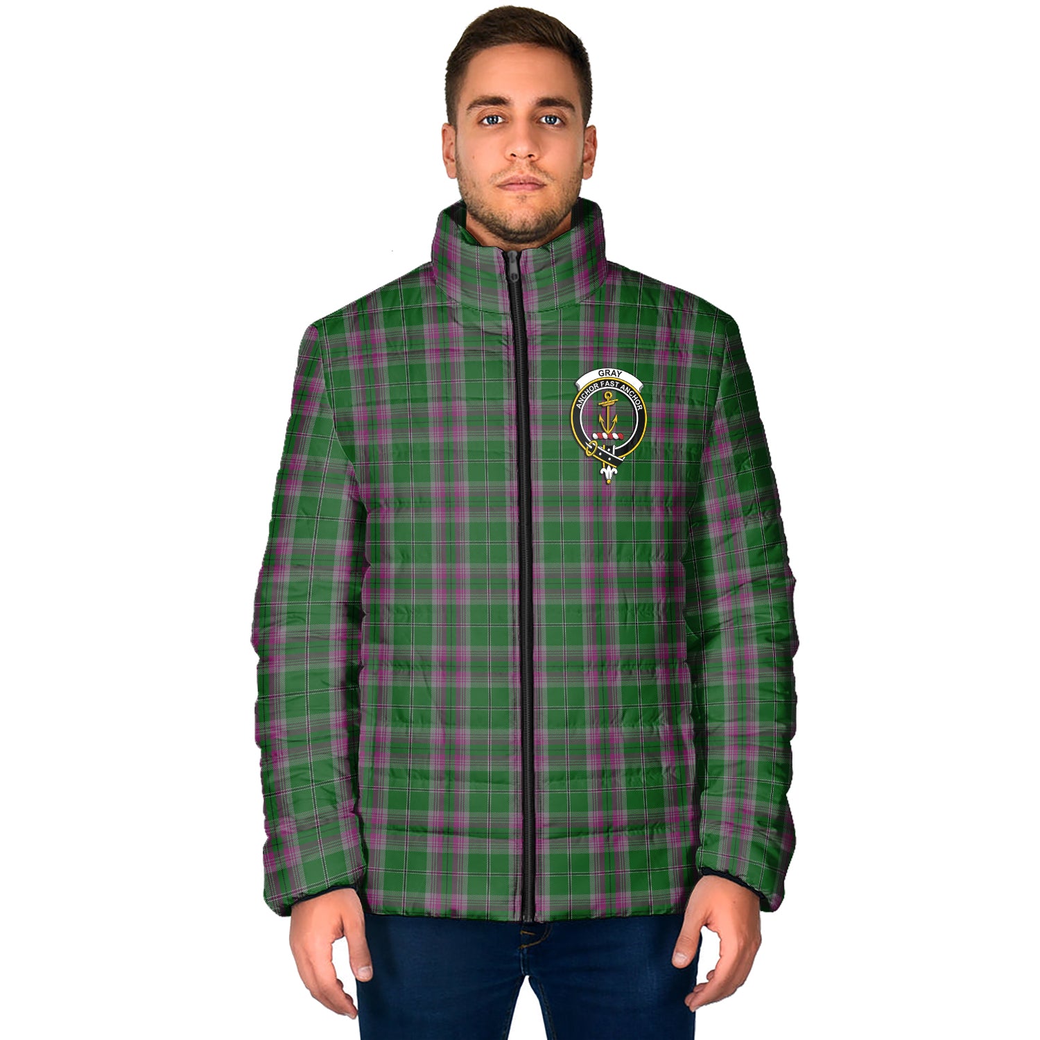 Gray Hunting Tartan Padded Jacket with Family Crest - Tartan Vibes Clothing