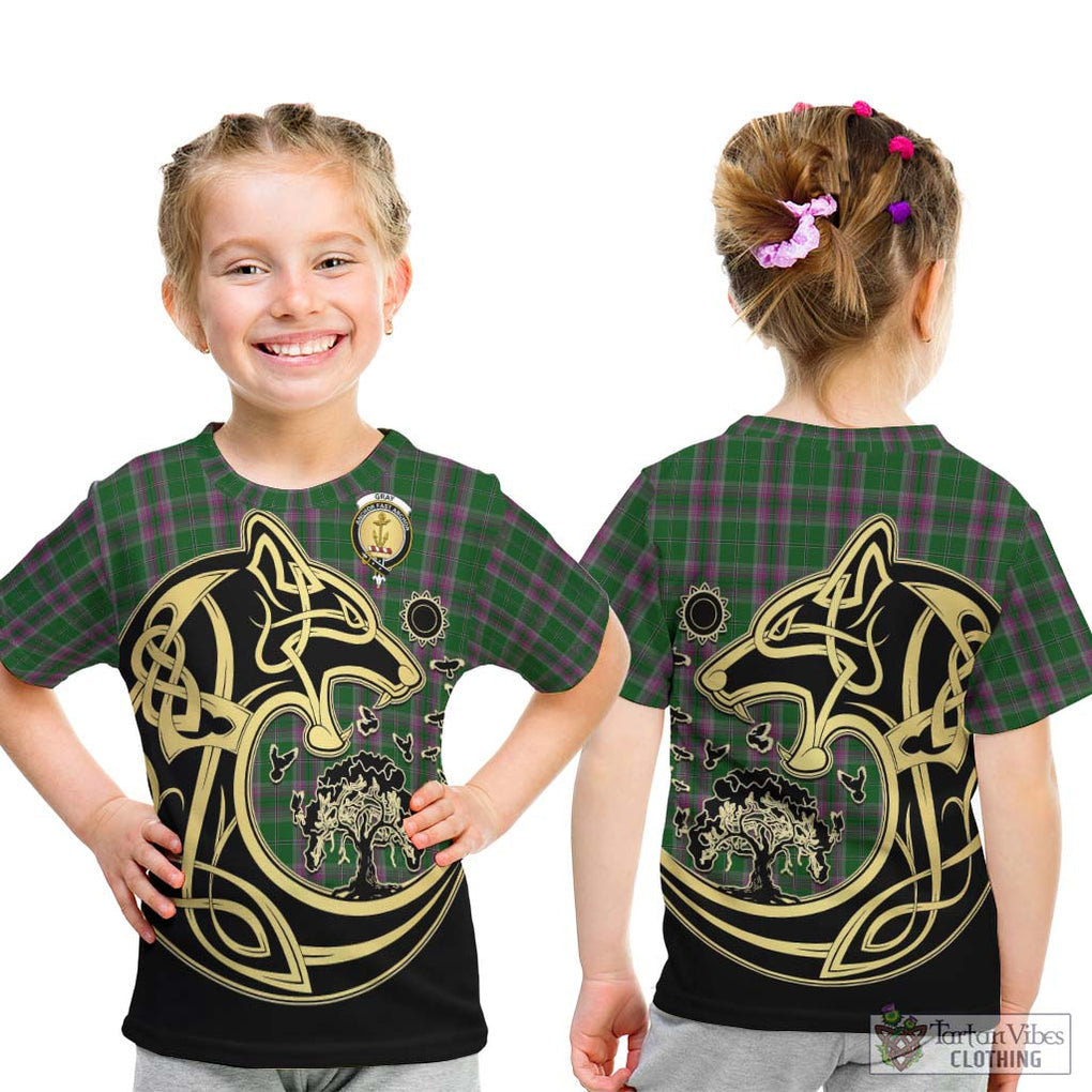 Gray Hunting Tartan Kid T-Shirt with Family Crest Celtic Wolf Style - Tartan Vibes Clothing