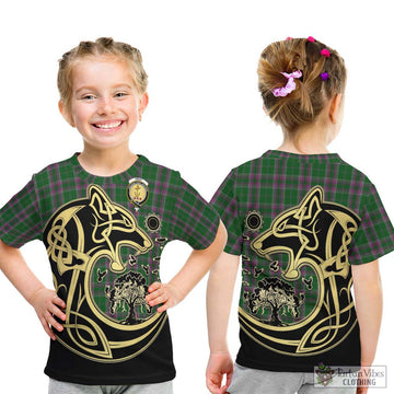 Gray Hunting Tartan Kid T-Shirt with Family Crest Celtic Wolf Style