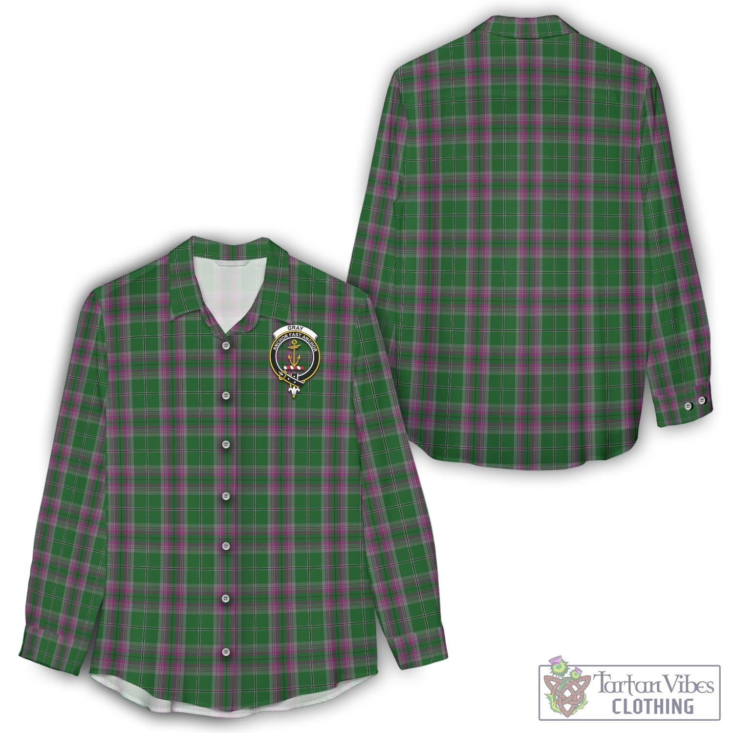 Tartan Vibes Clothing Gray Hunting Tartan Womens Casual Shirt with Family Crest