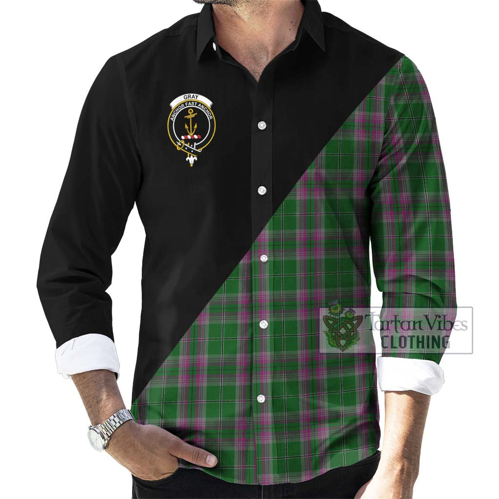 Gray Hunting Tartan Long Sleeve Button Shirt with Family Crest and Military Logo Style - Tartanvibesclothing Shop