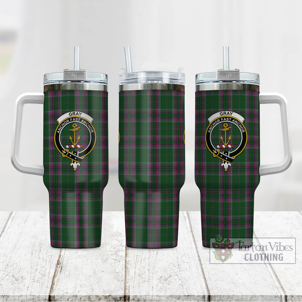 Tartan Vibes Clothing Gray Hunting Tartan and Family Crest Tumbler with Handle