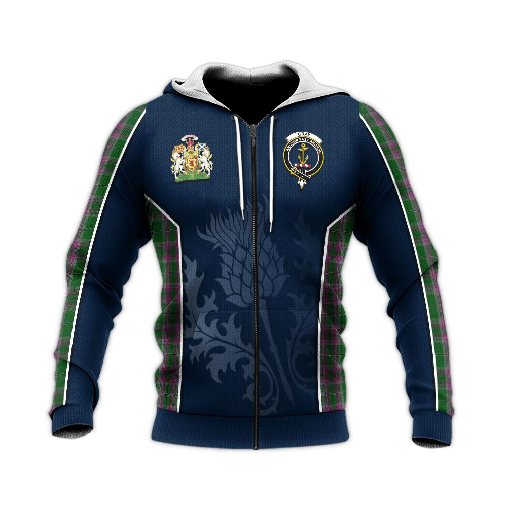 Tartan Vibes Clothing Gray Hunting Tartan Knitted Hoodie with Family Crest and Scottish Thistle Vibes Sport Style