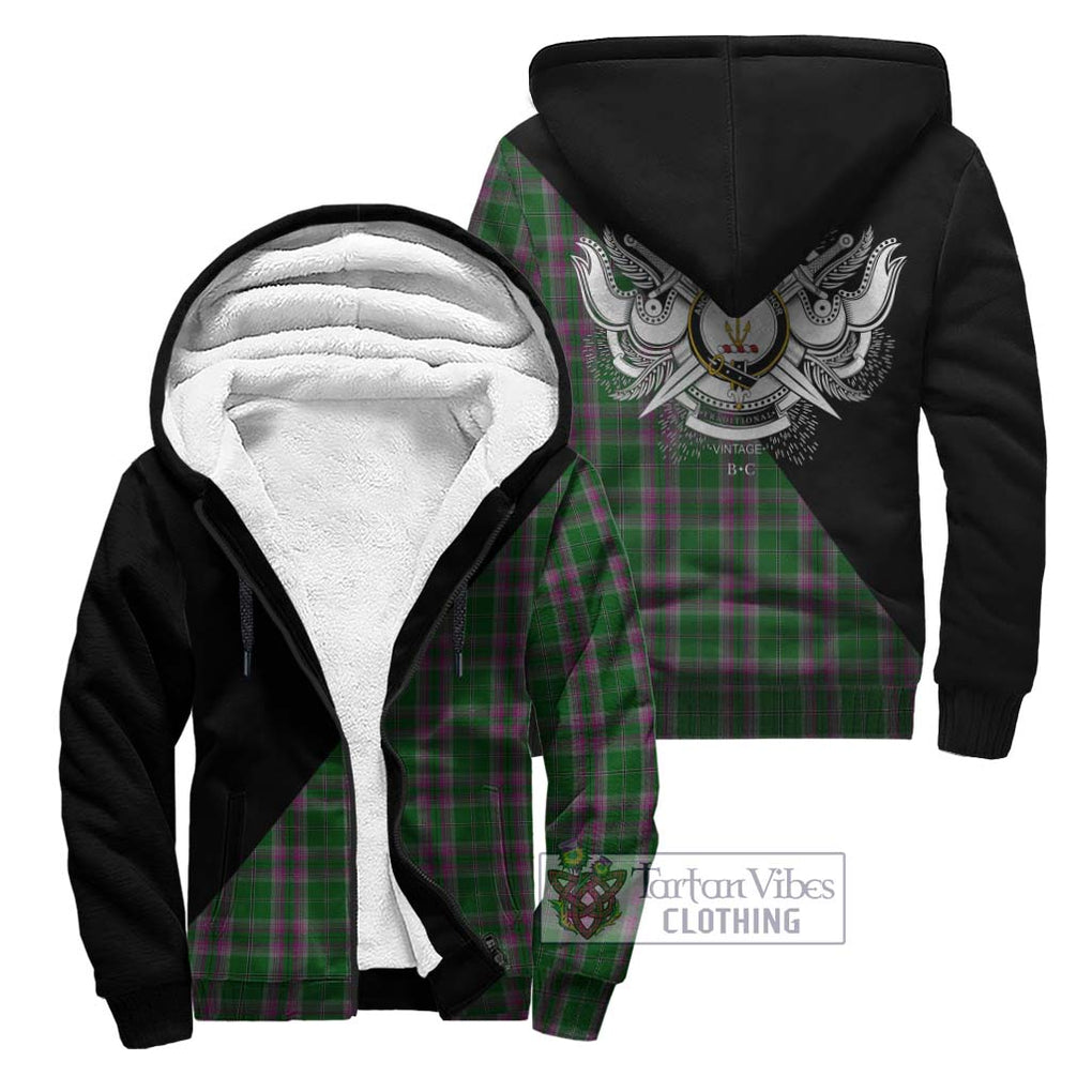 Gray Hunting Tartan Sherpa Hoodie with Family Crest and Military Logo Style Unisex - Tartanvibesclothing Shop