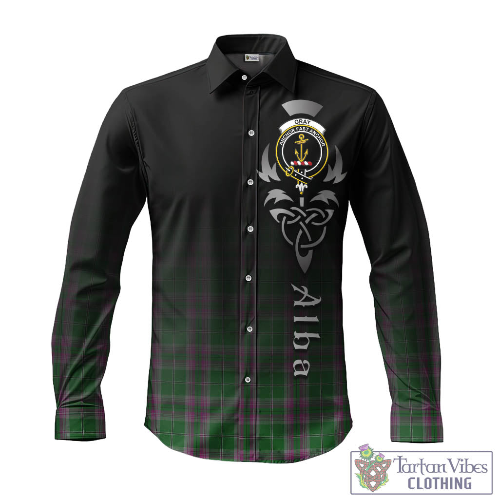 Tartan Vibes Clothing Gray Hunting Tartan Long Sleeve Button Up Featuring Alba Gu Brath Family Crest Celtic Inspired