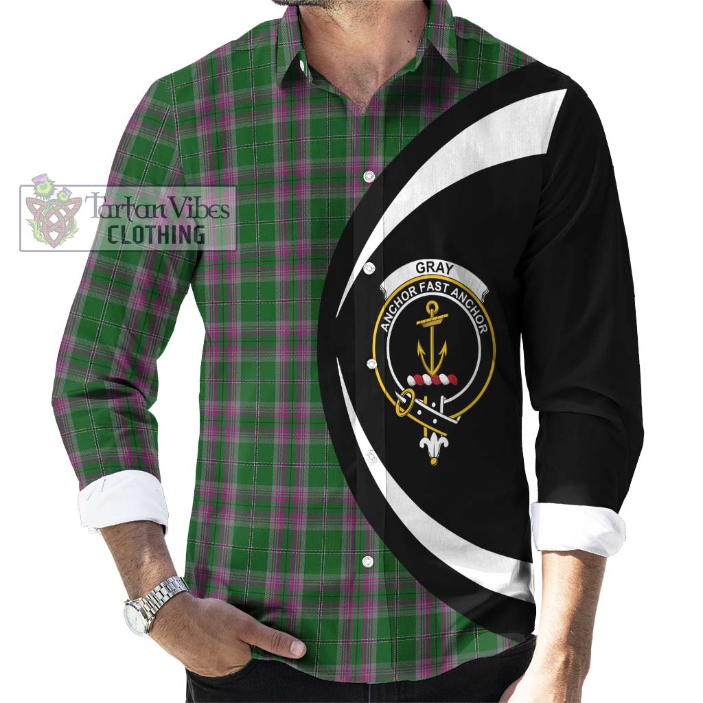 Gray Hunting Tartan Long Sleeve Button Up with Family Crest Circle Style - Tartan Vibes Clothing