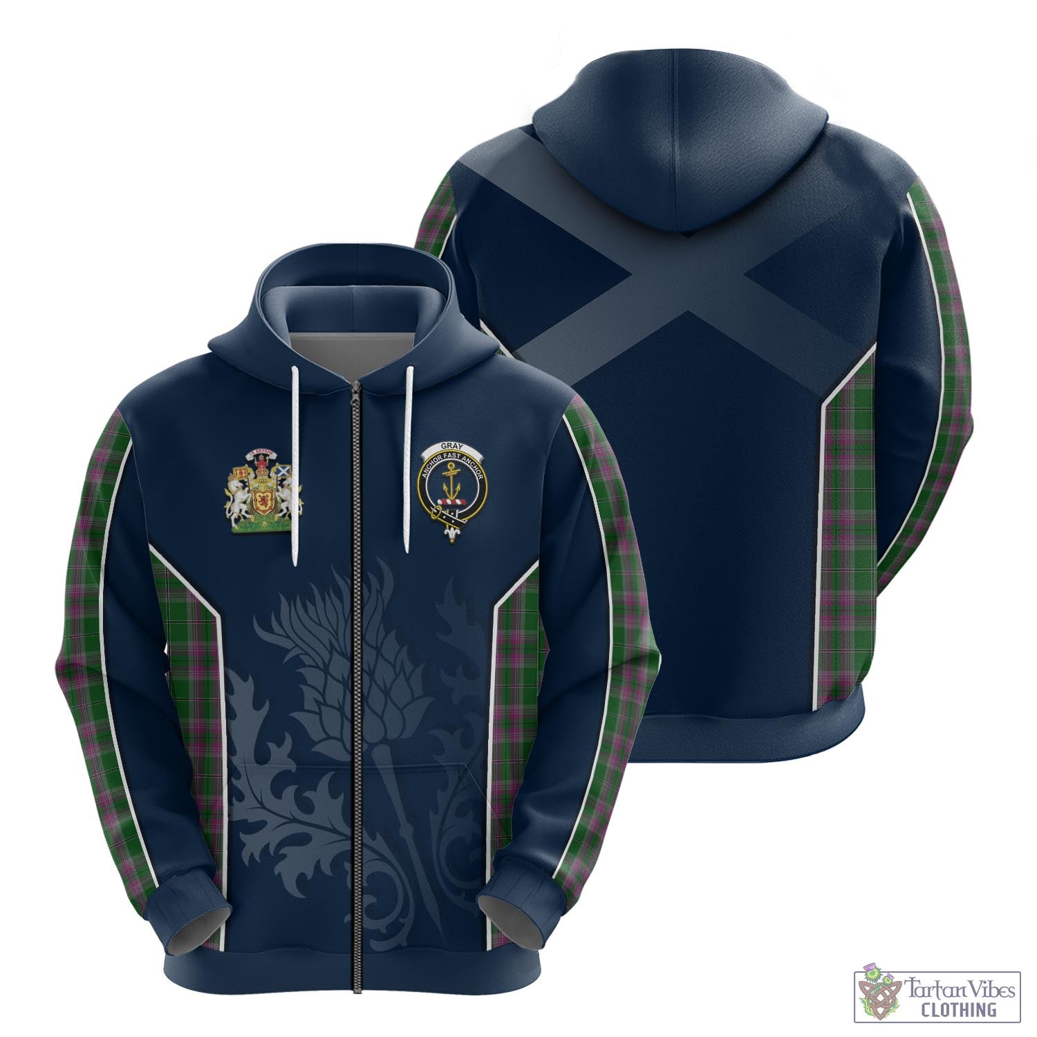 Tartan Vibes Clothing Gray Hunting Tartan Hoodie with Family Crest and Scottish Thistle Vibes Sport Style