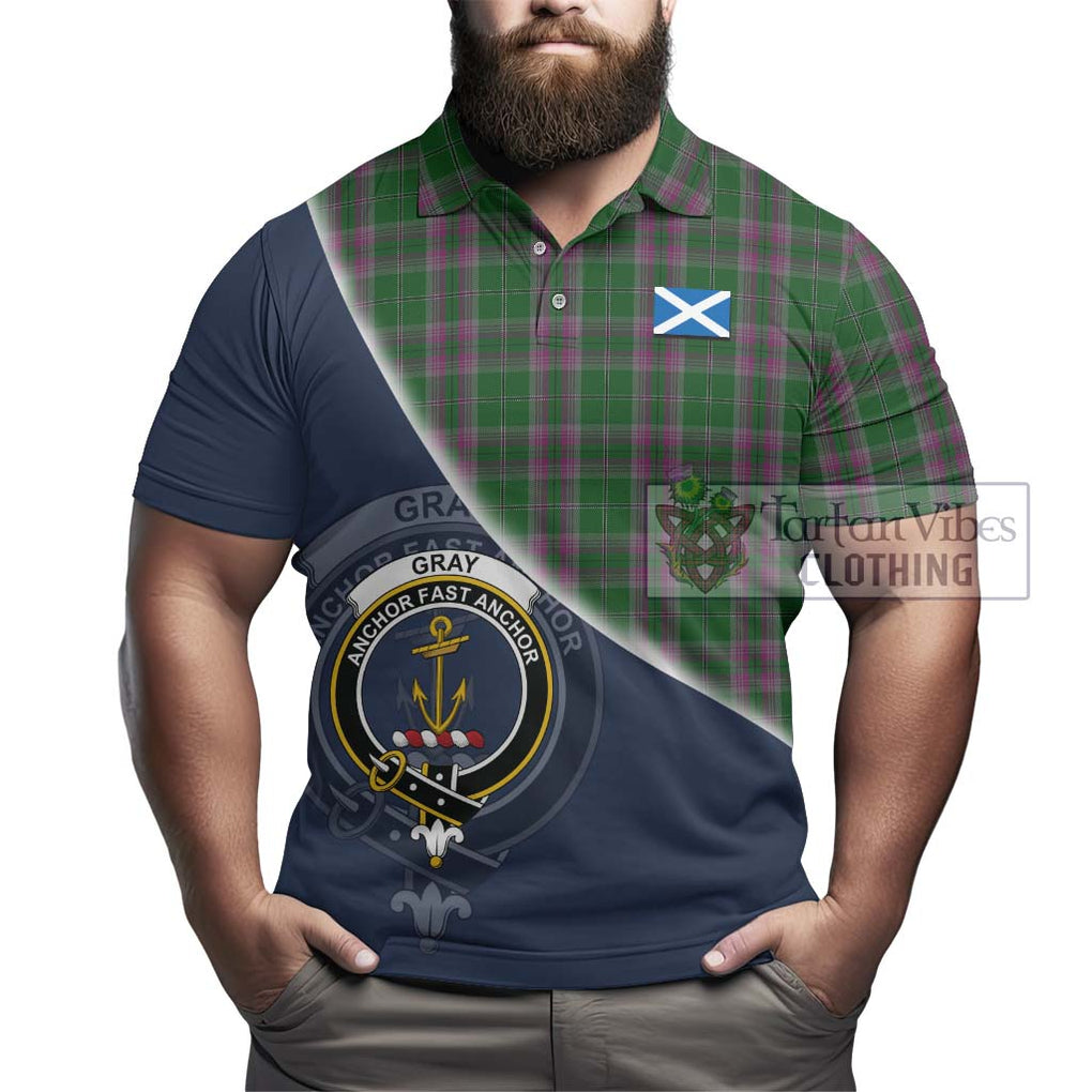 Gray Hunting Tartan Polo Shirt with Personalised National Flag and Family Crest Half Style - Tartanvibesclothing Shop