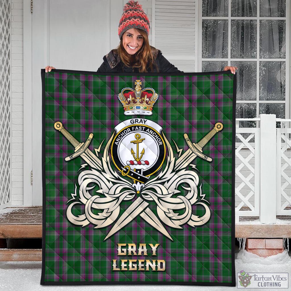 Tartan Vibes Clothing Gray Hunting Tartan Quilt with Clan Crest and the Golden Sword of Courageous Legacy