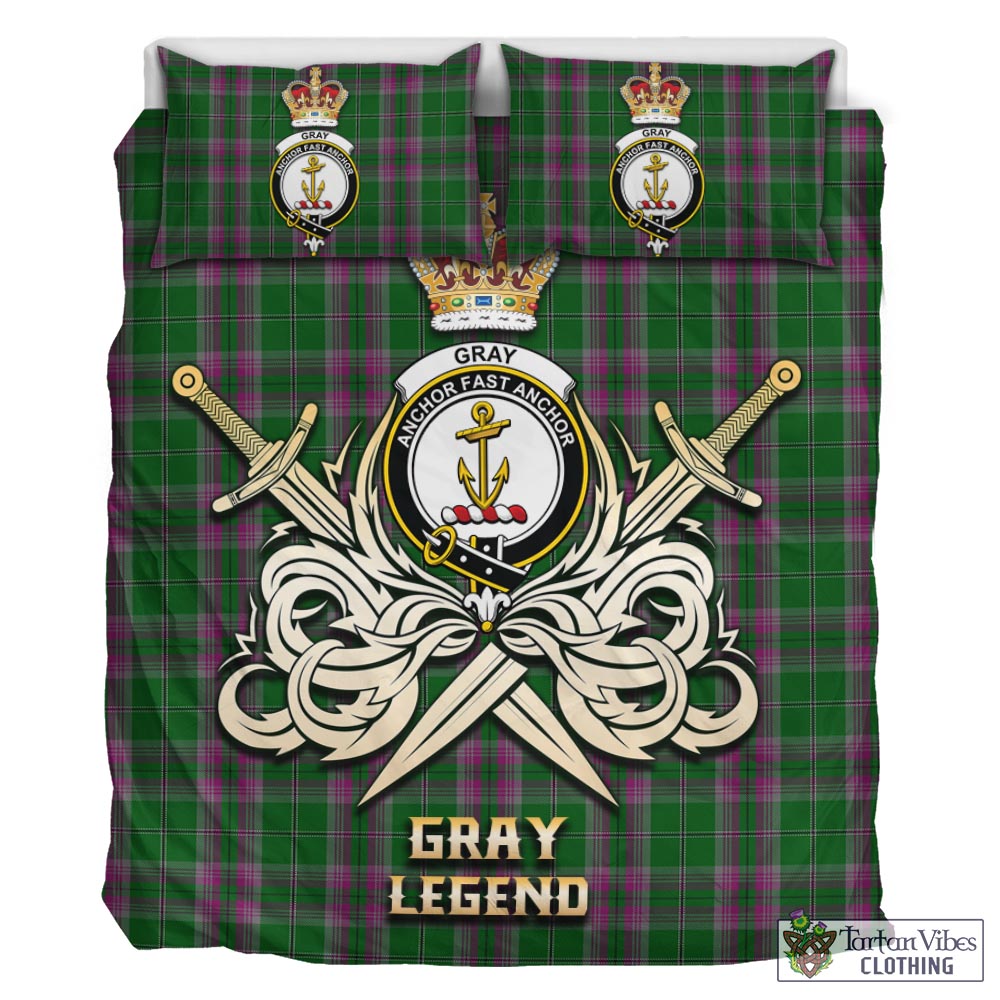 Tartan Vibes Clothing Gray Hunting Tartan Bedding Set with Clan Crest and the Golden Sword of Courageous Legacy