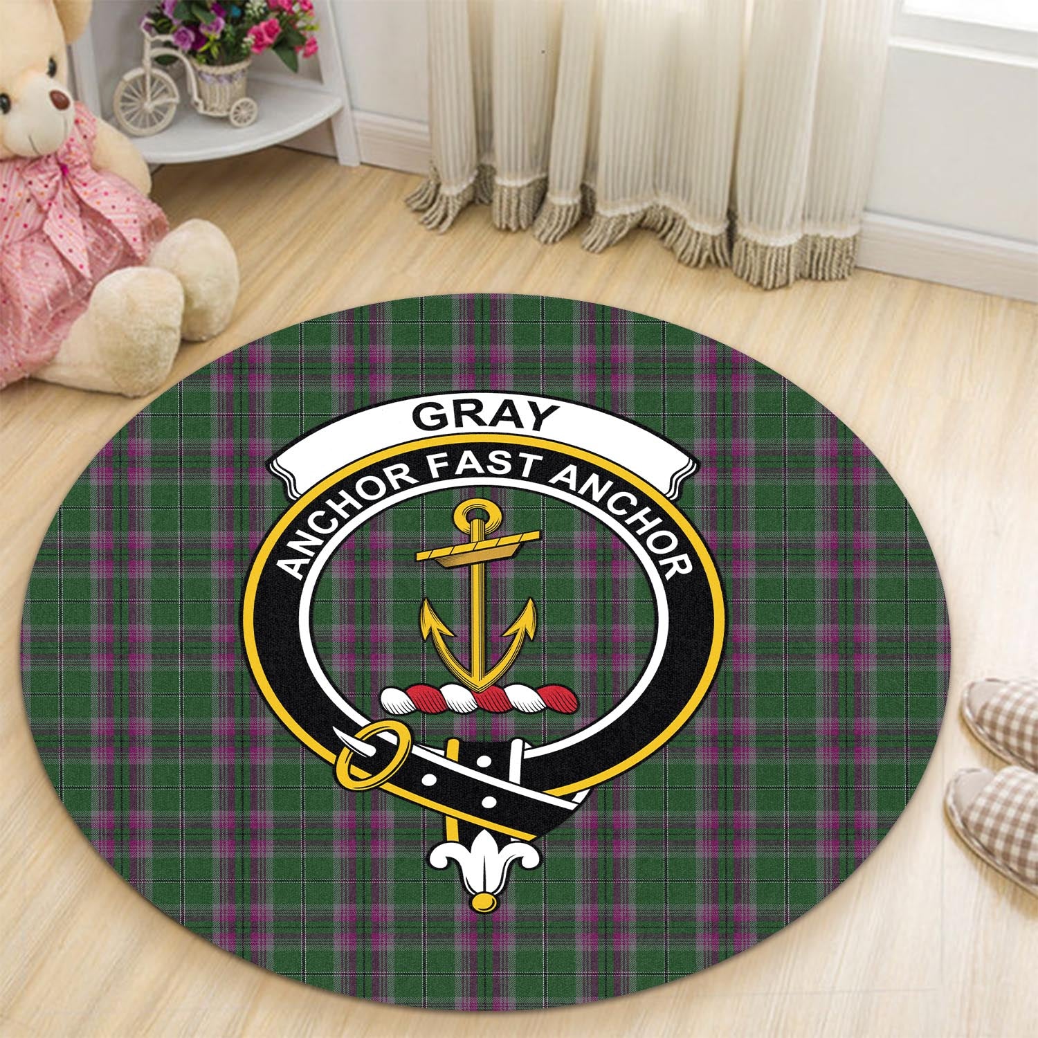 gray-hunting-tartan-round-rug-with-family-crest