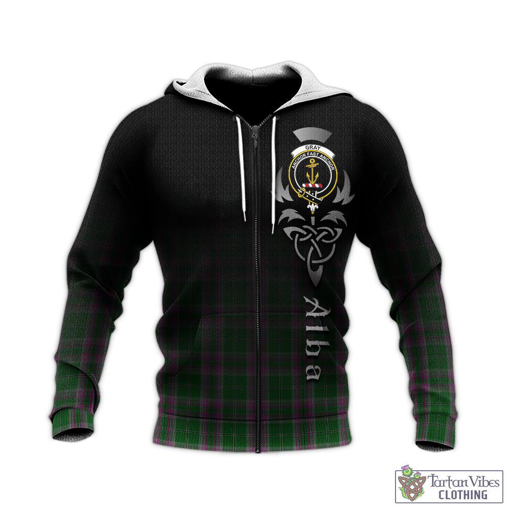 Tartan Vibes Clothing Gray Hunting Tartan Knitted Hoodie Featuring Alba Gu Brath Family Crest Celtic Inspired