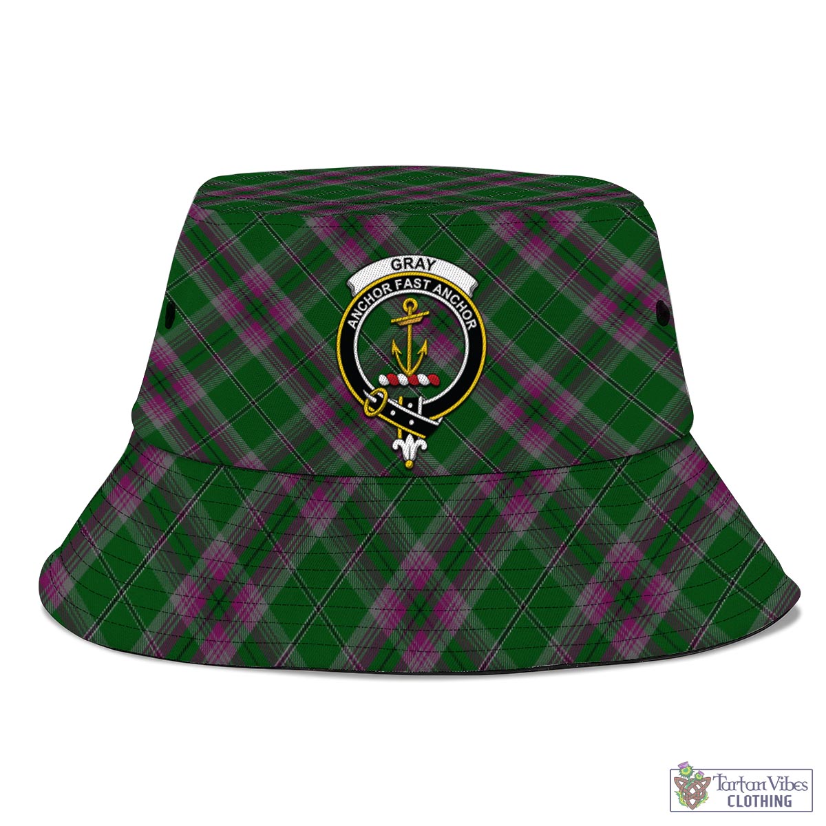 Tartan Vibes Clothing Gray Hunting Tartan Bucket Hat with Family Crest