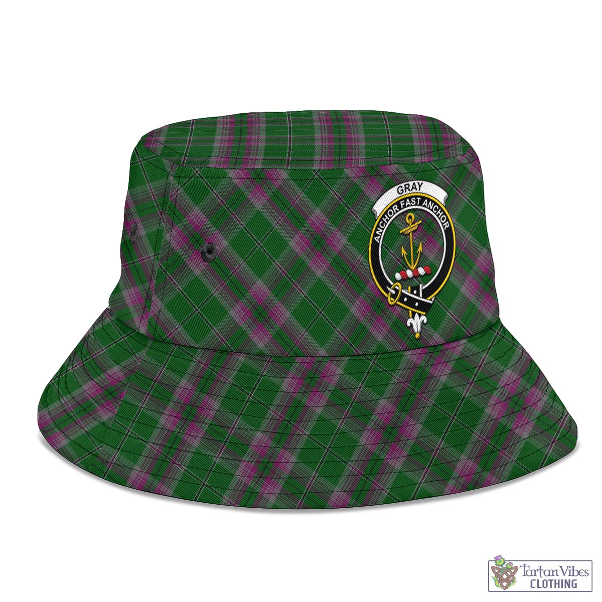 Tartan Vibes Clothing Gray Hunting Tartan Bucket Hat with Family Crest