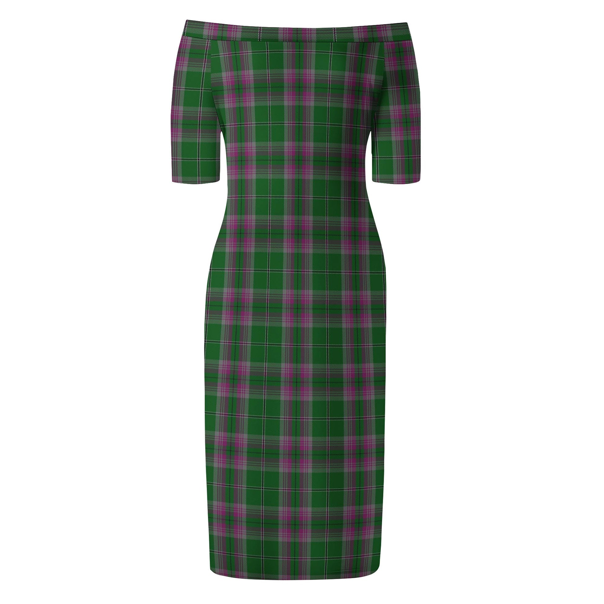 Gray Hunting Tartan Off Shoulder Lady Dress - Tartanvibesclothing