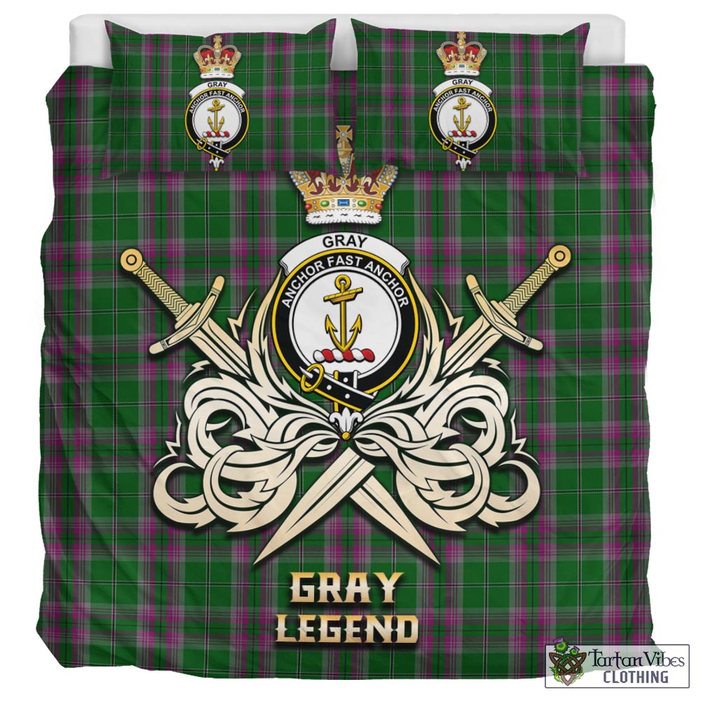 Tartan Vibes Clothing Gray Hunting Tartan Bedding Set with Clan Crest and the Golden Sword of Courageous Legacy