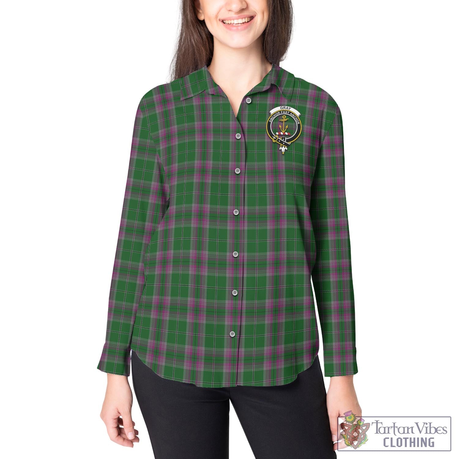 Tartan Vibes Clothing Gray Hunting Tartan Womens Casual Shirt with Family Crest