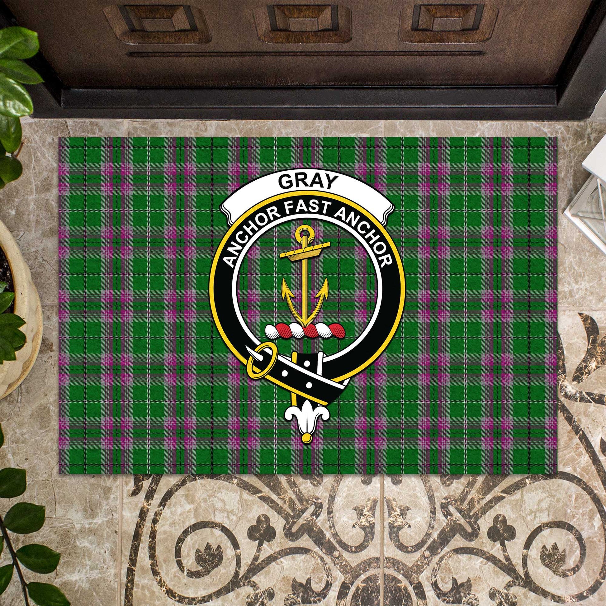 Gray Hunting Tartan Door Mat with Family Crest - Tartanvibesclothing