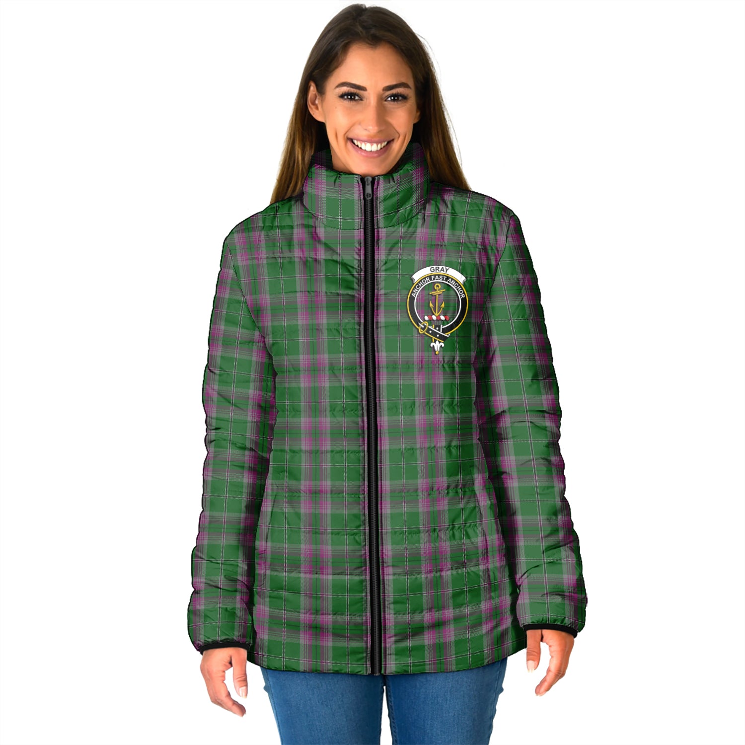 Gray Hunting Tartan Padded Jacket with Family Crest - Tartan Vibes Clothing