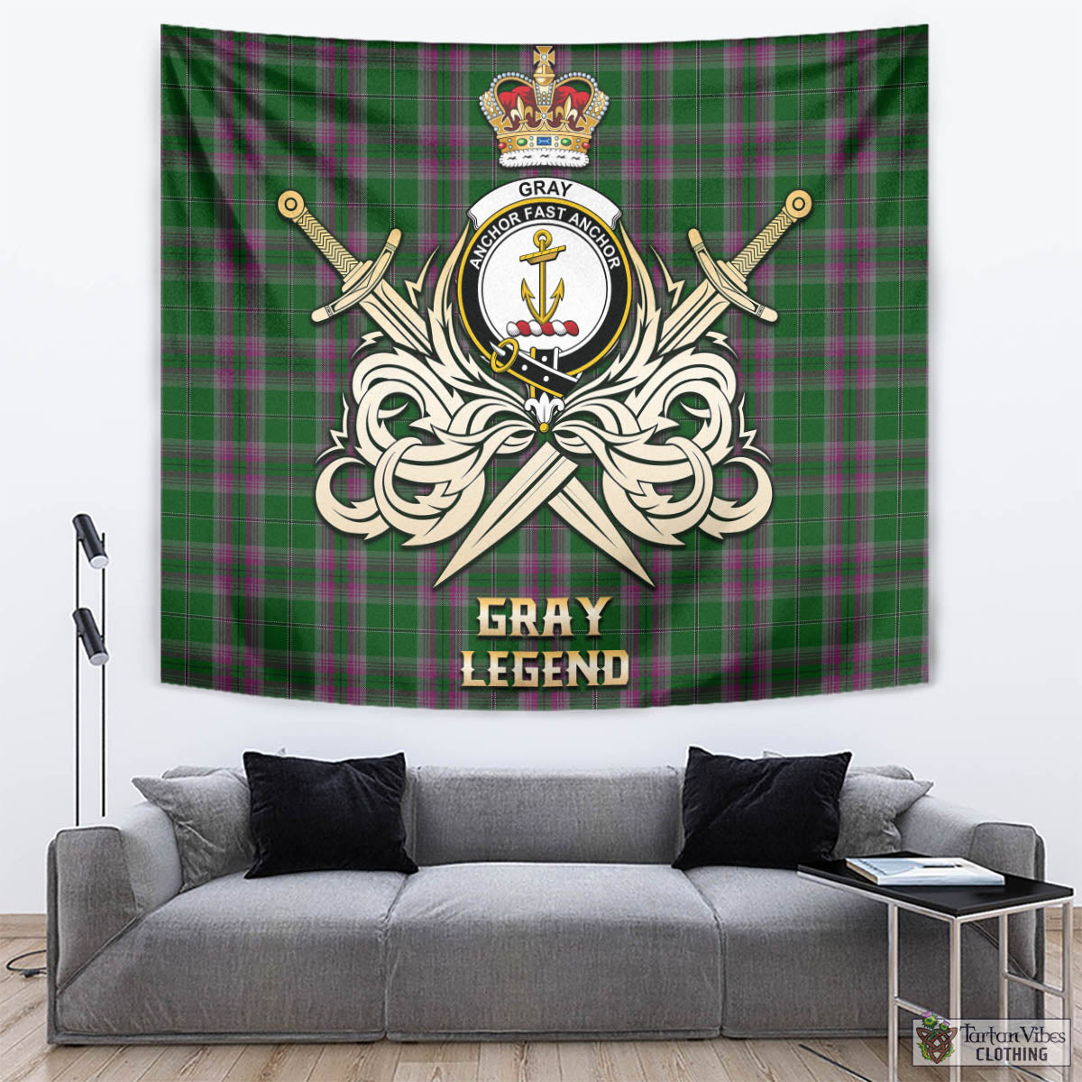 Tartan Vibes Clothing Gray Hunting Tartan Tapestry with Clan Crest and the Golden Sword of Courageous Legacy