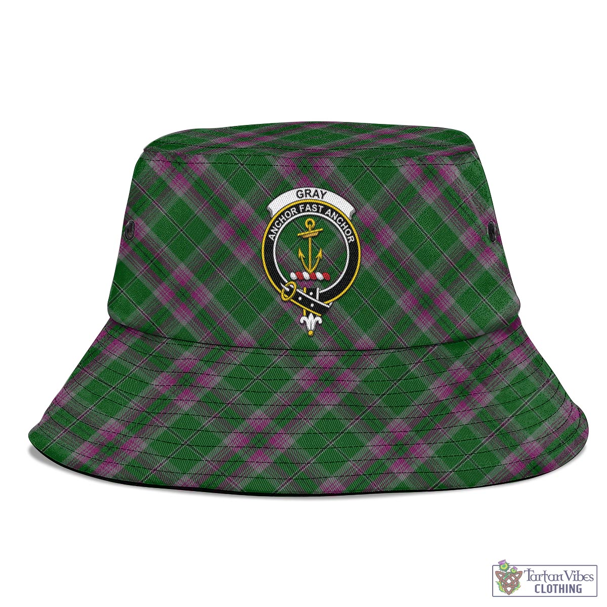 Tartan Vibes Clothing Gray Hunting Tartan Bucket Hat with Family Crest