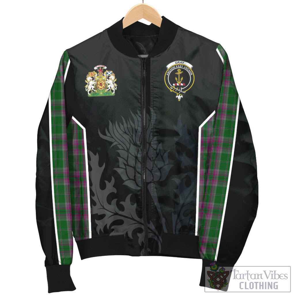 Tartan Vibes Clothing Gray Hunting Tartan Bomber Jacket with Family Crest and Scottish Thistle Vibes Sport Style