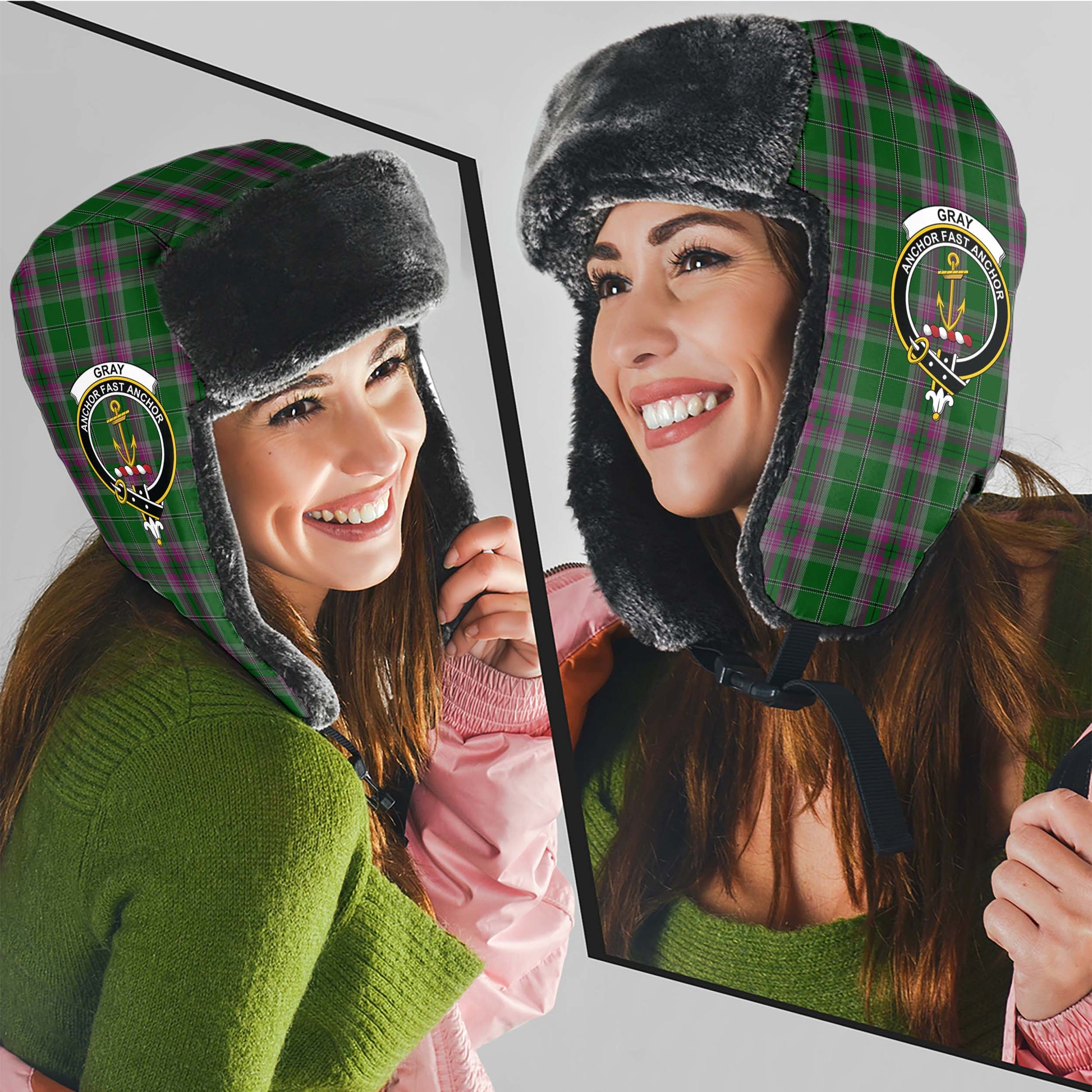 Gray Hunting Tartan Winter Trapper Hat with Family Crest - Tartanvibesclothing