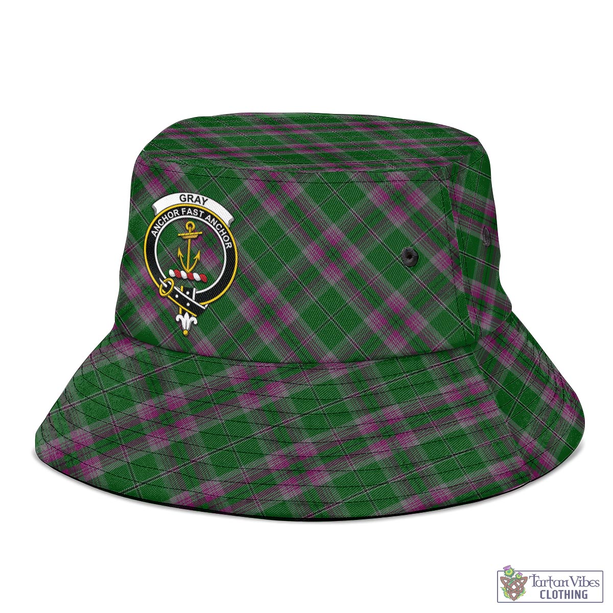 Tartan Vibes Clothing Gray Hunting Tartan Bucket Hat with Family Crest