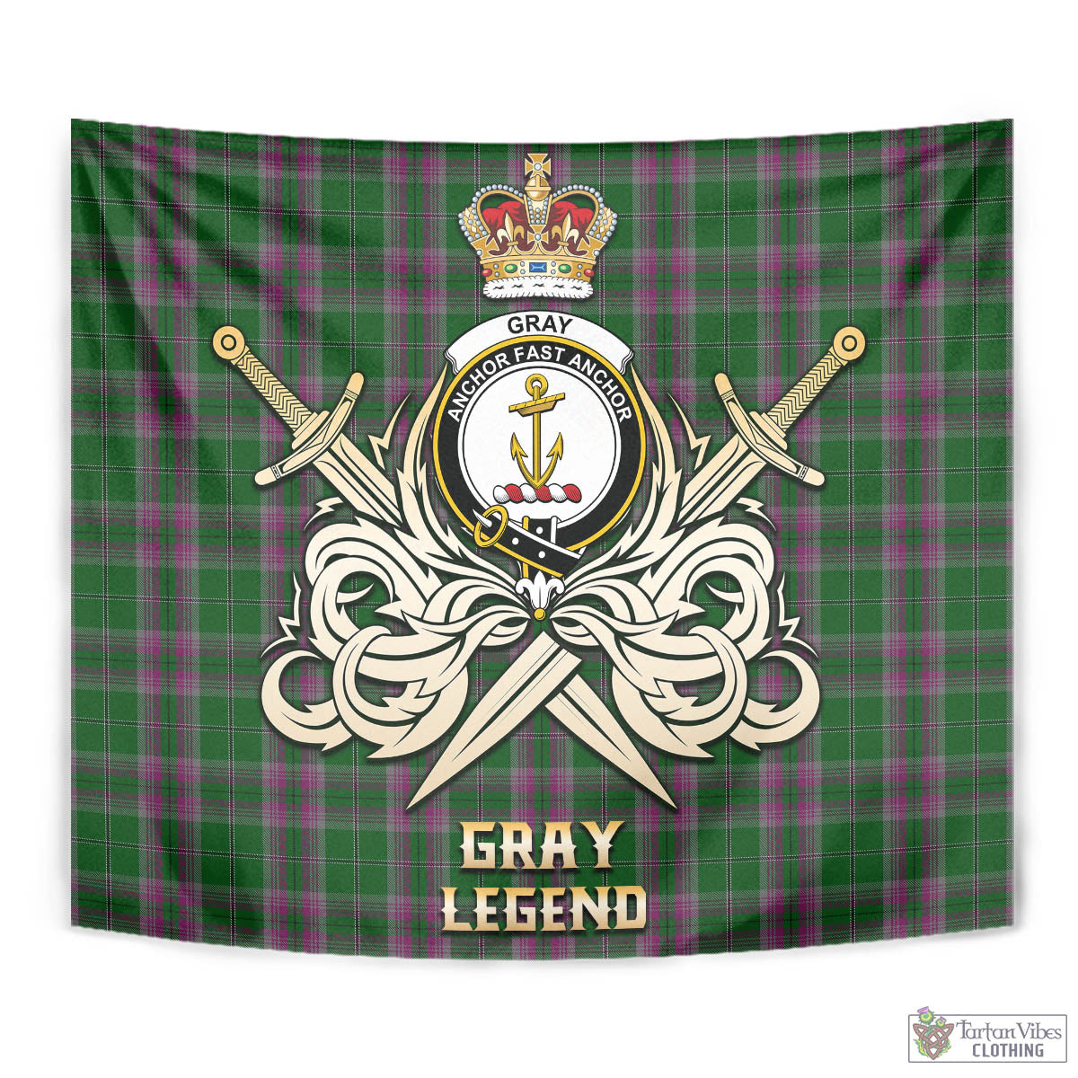 Tartan Vibes Clothing Gray Hunting Tartan Tapestry with Clan Crest and the Golden Sword of Courageous Legacy