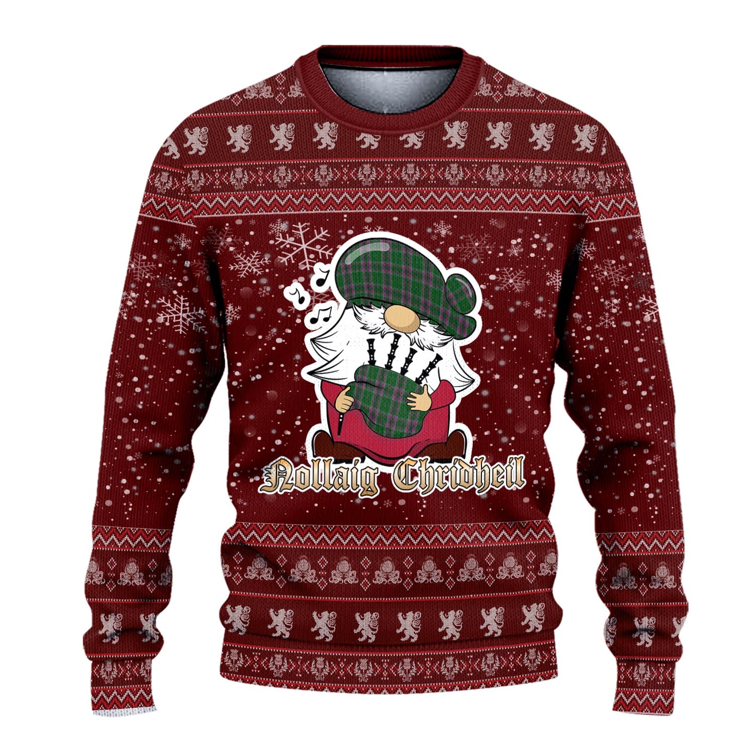 Gray Hunting Clan Christmas Family Knitted Sweater with Funny Gnome Playing Bagpipes - Tartanvibesclothing