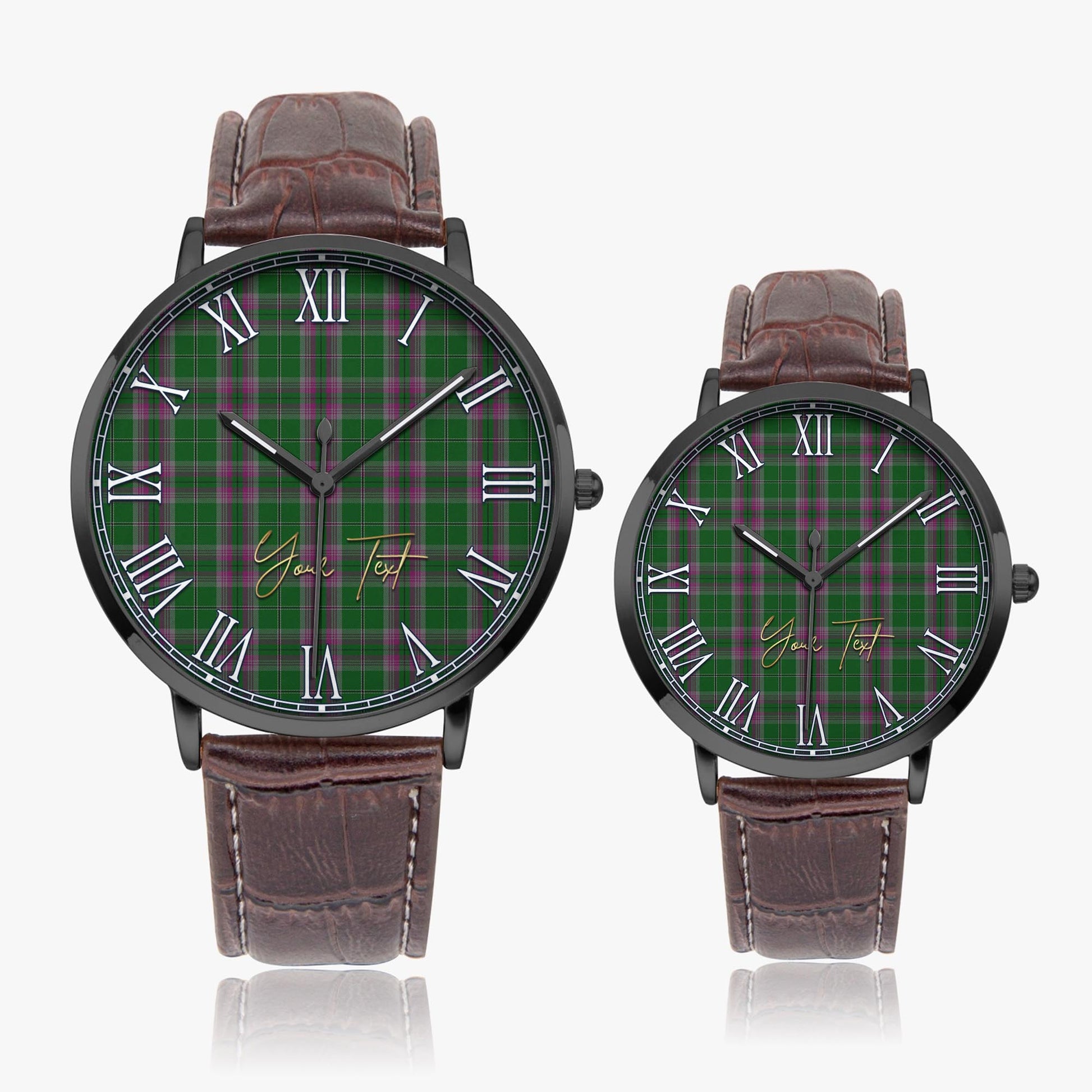 Gray Hunting Tartan Personalized Your Text Leather Trap Quartz Watch Ultra Thin Black Case With Brown Leather Strap - Tartanvibesclothing