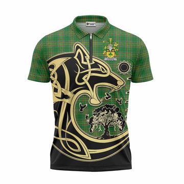 Grehan Irish Tartan Zipper Polo Shirt with Coat of Arms Celtic Wolf Style Unisex - Tartan Vibes Clothing