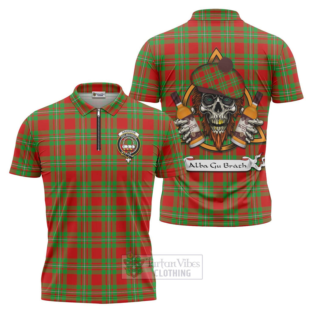 Tartan Vibes Clothing Grierson Tartan Zipper Polo Shirt with Family Crest and Bearded Skull Holding Bottles of Whiskey