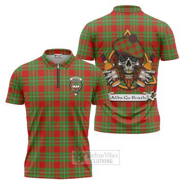 Grierson Tartan Zipper Polo Shirt with Family Crest and Bearded Skull Holding Bottles of Whiskey