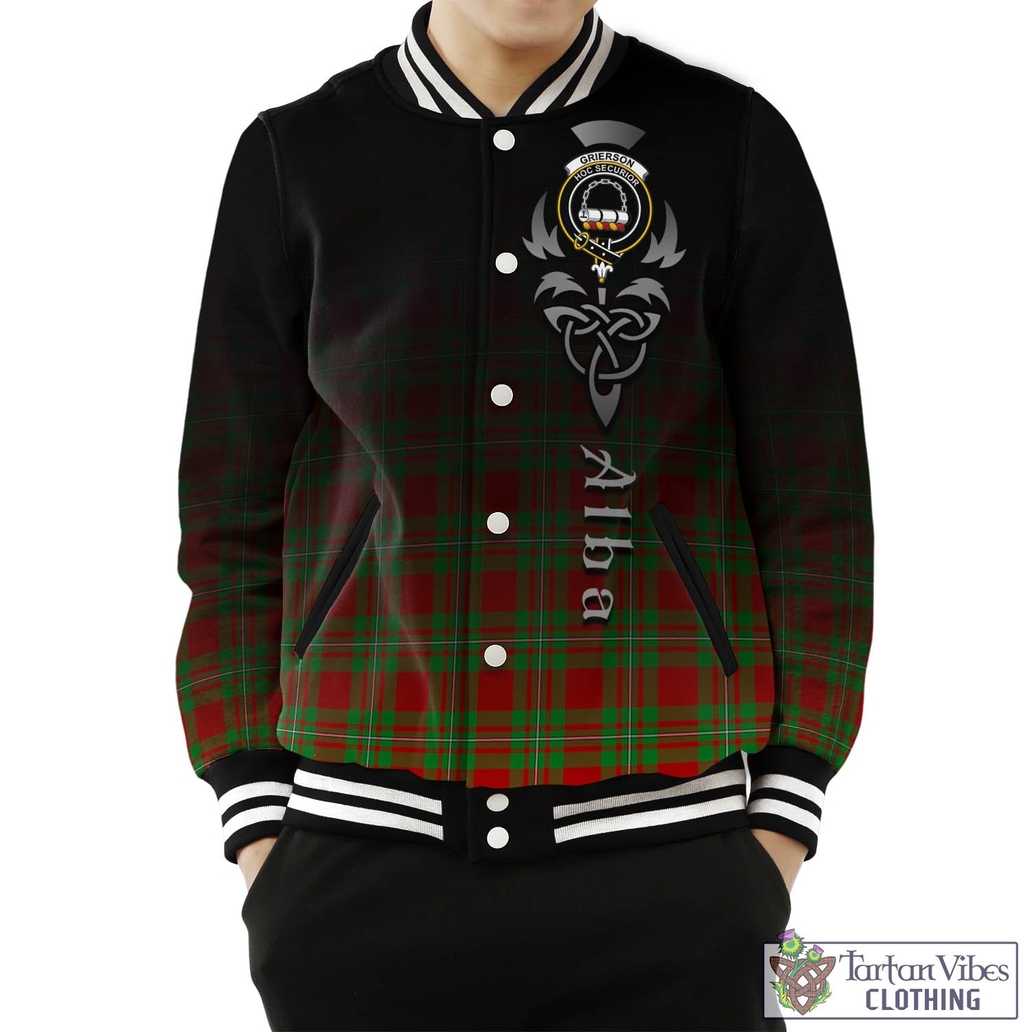 Tartan Vibes Clothing Grierson Tartan Baseball Jacket Featuring Alba Gu Brath Family Crest Celtic Inspired