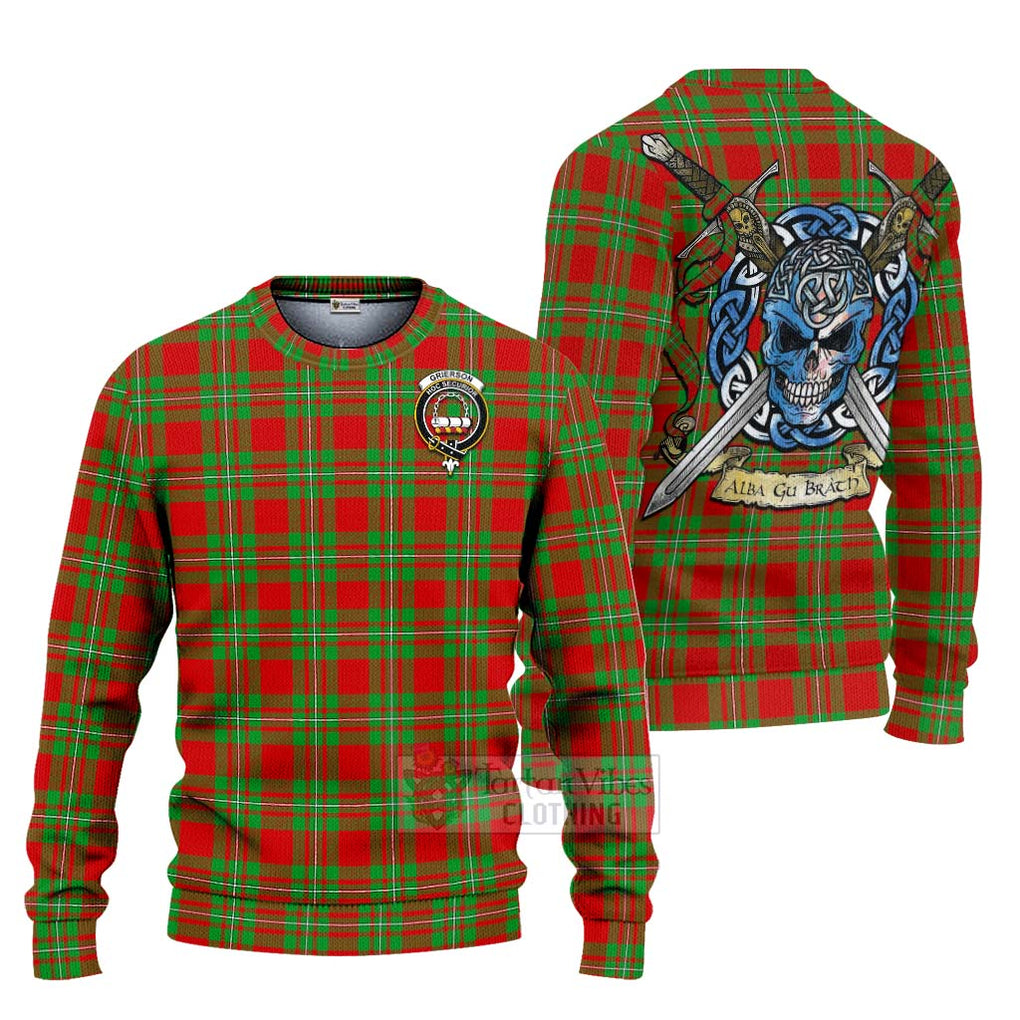 Tartan Vibes Clothing Grierson Tartan Knitted Sweater with Family Crest Celtic Skull Style