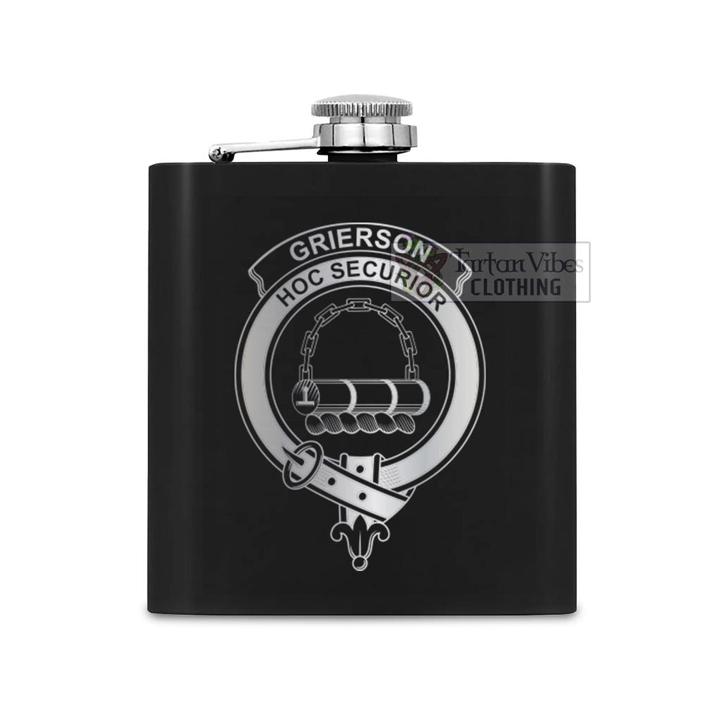 Tartan Vibes Clothing Grierson Crest Hip Flask Set 7oz Black Stainless Steel with A Gift Box