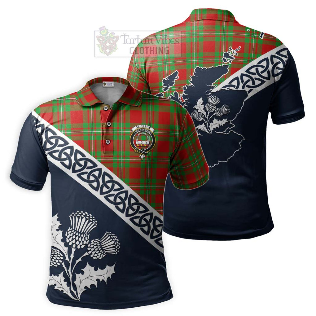 Grierson Tartan Polo Shirt Featuring Thistle and Scotland Map