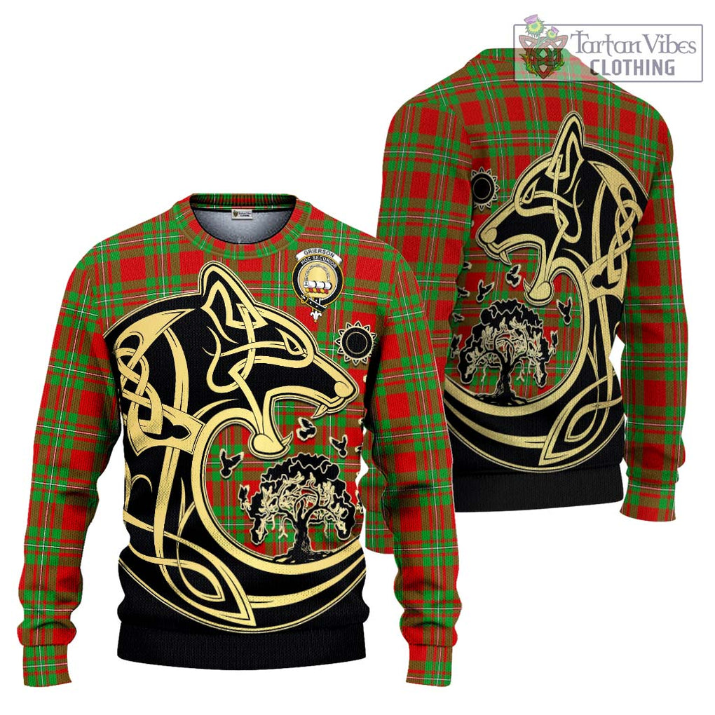 Grierson Tartan Knitted Sweater with Family Crest Celtic Wolf Style Unisex - Tartan Vibes Clothing