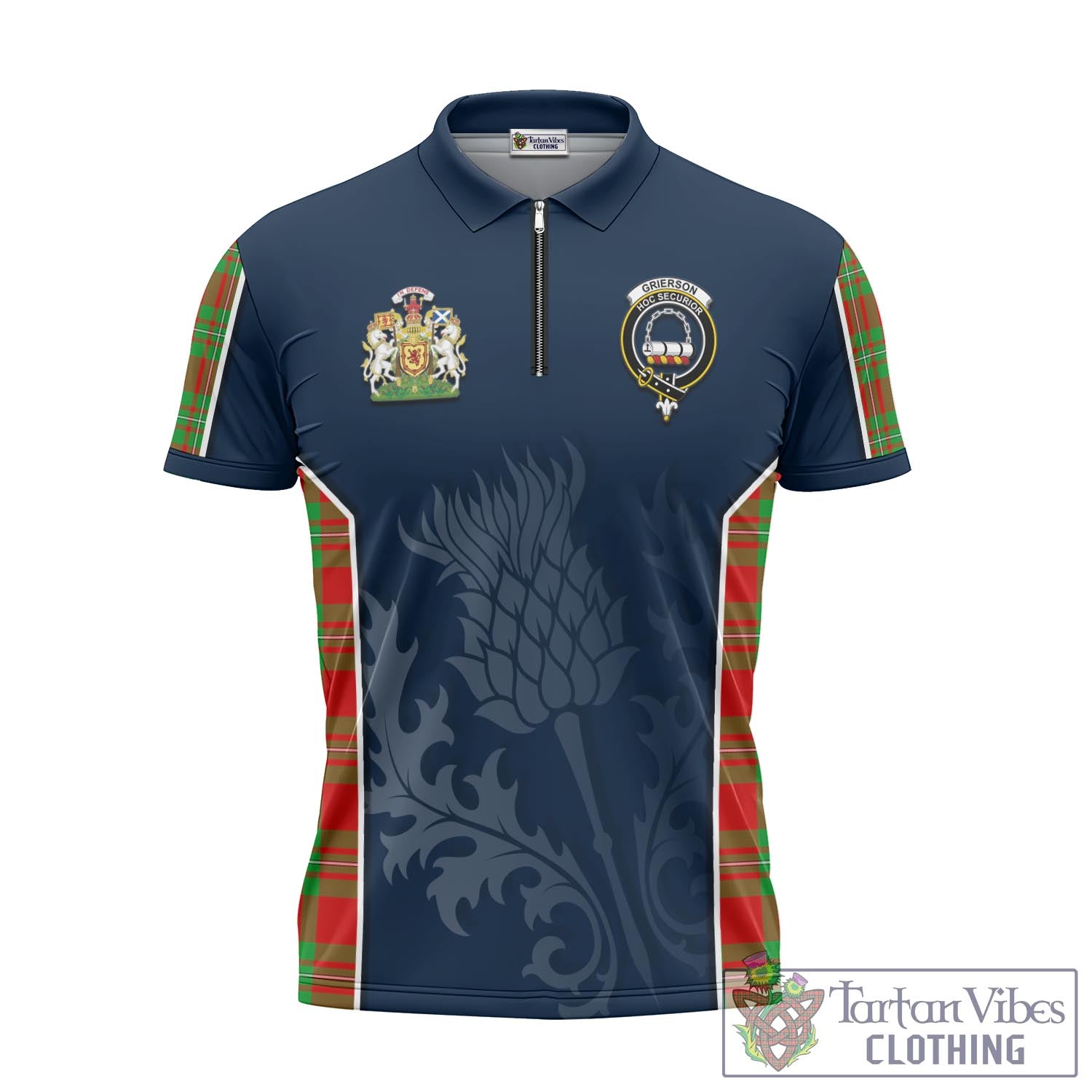 Tartan Vibes Clothing Grierson Tartan Zipper Polo Shirt with Family Crest and Scottish Thistle Vibes Sport Style