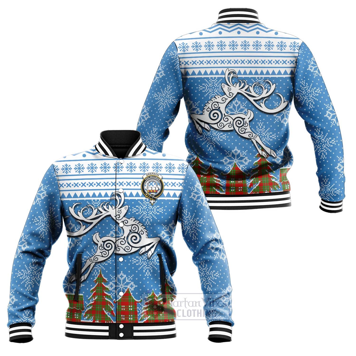 Tartan Vibes Clothing Grierson Clan Christmas Baseball Jacket Celtic Reindeer Style