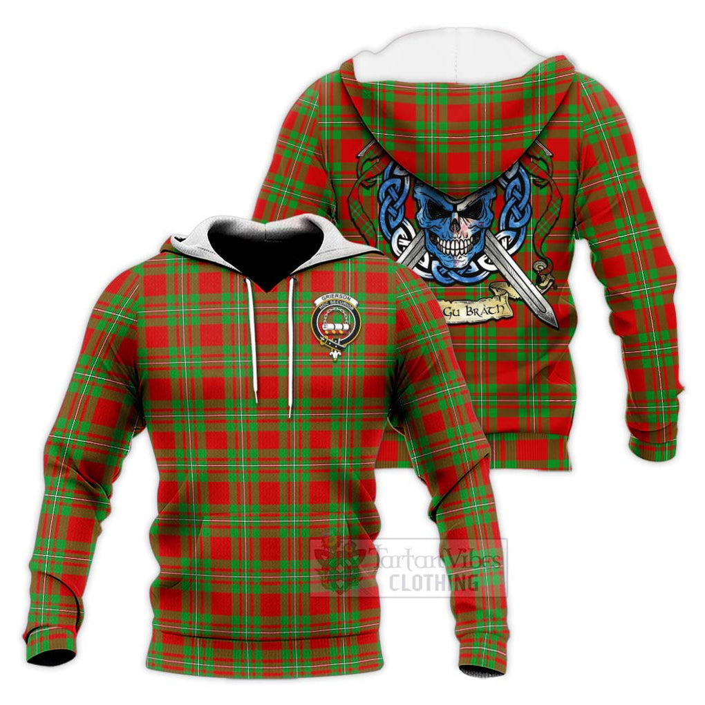 Tartan Vibes Clothing Grierson Tartan Knitted Hoodie with Family Crest Celtic Skull Style