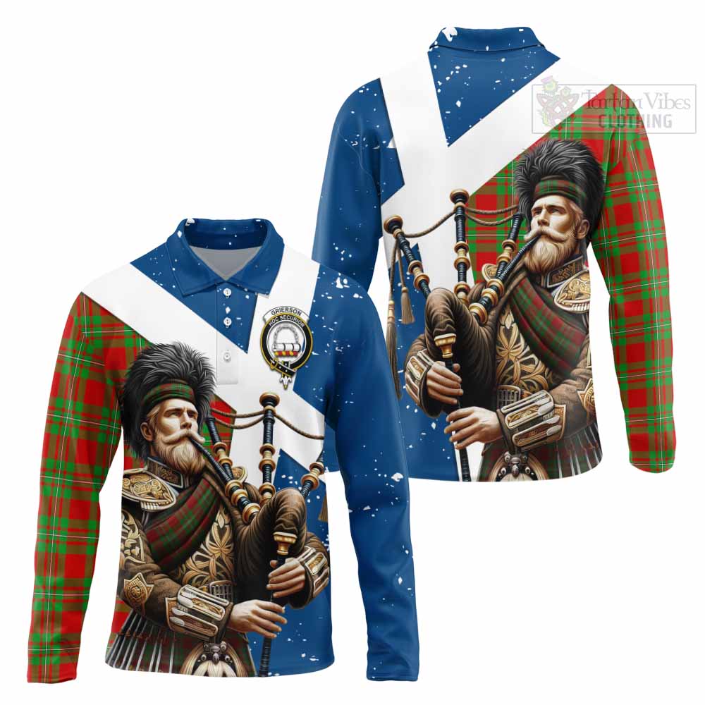 Tartan Vibes Clothing Grierson Tartan Long Sleeve Polo Shirt with Family Crest Scottish Bagpiper Vibes