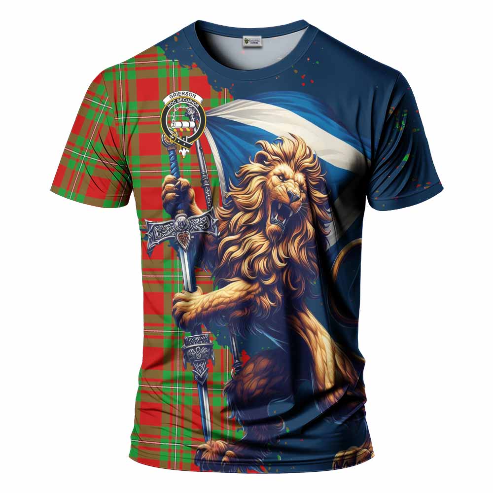 Tartan Vibes Clothing Grierson Tartan Family Crest T-Shirt with Scottish Majestic Lion